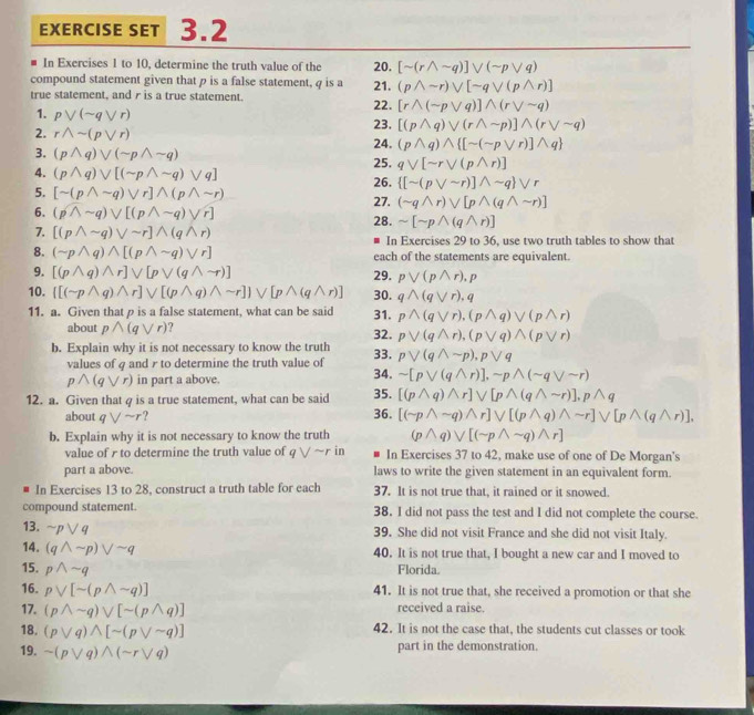 EXERCISE SET  3.2
In Exercises 1 to 10, determine the truth value of the 20. [sim (rwedge sim q)]vee (sim pvee q)
compound statement given that p is a false statement, q is a (pwedge sim r)vee [sim qvee (pwedge r)]
true statement, and r is a true statement. 21. 22. [rwedge (sim pvee q)]wedge (rvee sim q)
1. pvee (sim qvee r) 23. [(pwedge q)vee (rwedge sim p)]wedge (rvee sim q)
2. rwedge sim (pvee r) 24. (pwedge q)wedge  [sim (sim pvee r)]wedge q
3. (pwedge q)vee (sim pwedge sim q) 25. qvee [sim rvee (pwedge r)]
4. (pwedge q)vee [(sim pwedge sim q)vee q] 26.  [sim (pvee sim r)]wedge sim q vee r
5. [sim (pwedge sim q)vee r]wedge (pwedge sim r)
27. (sim qwedge r)vee [pwedge (qwedge sim r)]
6. (pwedge sim q)vee [(pwedge sim q)vee r] 28. sim [sim pwedge (qwedge r)]
7. [(pwedge sim q)vee sim r]wedge (qwedge r) In Exercises 29 to 36, use two truth tables to show that
8. (sim pwedge q)wedge [(pwedge sim q)vee r] each of the statements are equivalent.
9. [(pwedge q)wedge r]vee [pvee (qwedge sim r)] 29. pvee (pwedge r).p
10. ([(sim pwedge q)wedge r]vee [(pwedge q)wedge sim r])vee [pwedge (qwedge r)] 30. qwedge (qvee r),q
11. a. Given that p is a false statement, what can be said 31. pwedge (qvee r).(pwedge q)vee (pwedge r)
about pwedge (qvee r) ? 32. pvee (qwedge r),(pvee q)wedge (pvee r)
b. Explain why it is not necessary to know the truth 33. pvee (qwedge sim p),pvee q
values of g and r to determine the truth value of 34. sim [pvee (qwedge r)],sim pwedge (sim qvee sim r)
pwedge (qvee r) in part a above.
12. a. Given that φ is a true statement, what can be said 35. [(pwedge q)wedge r]vee [pwedge (qwedge sim r)].pwedge q
about qvee sim r. 36. [(sim pwedge sim q)wedge r]vee [(pwedge q)wedge sim r]vee [pwedge (qwedge r)],
b. Explain why it is not necessary to know the truth (pwedge q)vee [(sim pwedge sim q)wedge r]
value of r to determine the truth value of qvee sim r in In Exercises 37 to 42, make use of one of De Morgan's
part a above. laws to write the given statement in an equivalent form.
In Exercises 13 to 28, construct a truth table for each 37. It is not true that, it rained or it snowed.
compound statement. 38. I did not pass the test and I did not complete the course.
13. sim pvee q
39. She did not visit France and she did not visit Italy.
14. (qwedge sim p)vee sim q 40. It is not true that, I bought a new car and I moved to
15. pwedge sim q
Florida.
16. pvee [sim (pwedge sim q)] 41. It is not true that, she received a promotion or that she
17. (pwedge sim q)vee [sim (pwedge q)] received a raise.
18. (pvee q)wedge [sim (pvee sim q)] 42. It is not the case that, the students cut classes or took
19. sim (pvee q)wedge (sim rvee q) part in the demonstration.