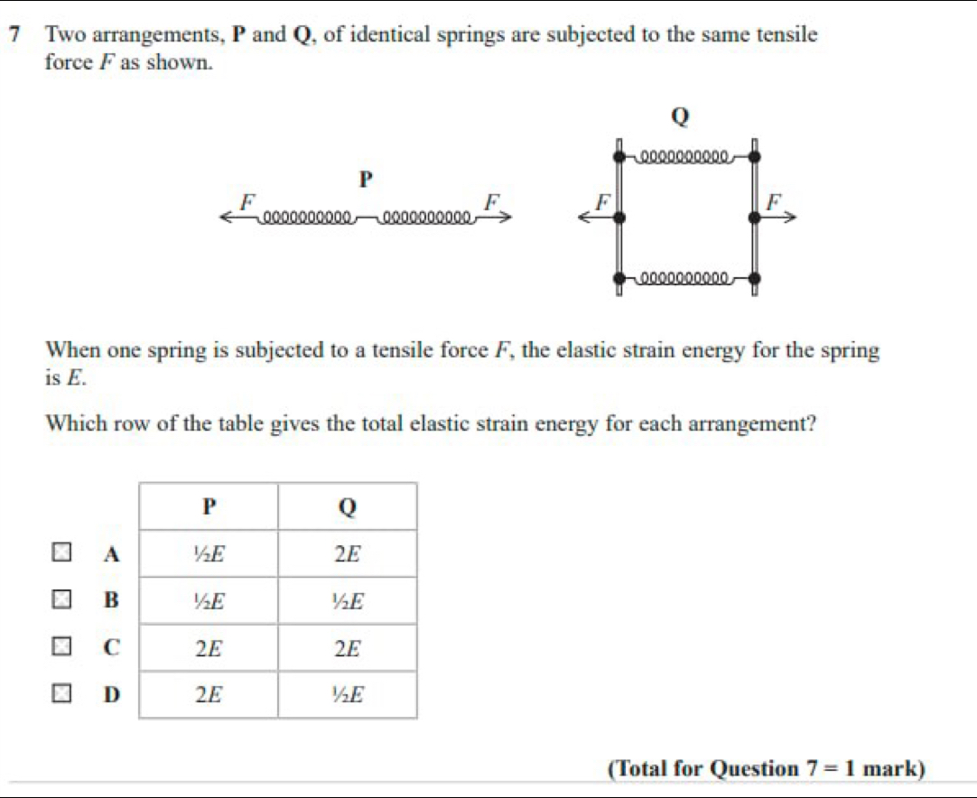 Two arrangements, P and Q, of identical springs are subjected to the same tensile
force F as shown.
Q
P
F
F F
F
0000o0oo0o 0ooooooooo
00º0000000
When one spring is subjected to a tensile force F, the elastic strain energy for the spring
is E.
Which row of the table gives the total elastic strain energy for each arrangement?
A
B
C
D
(Total for Question 7=1 mark)