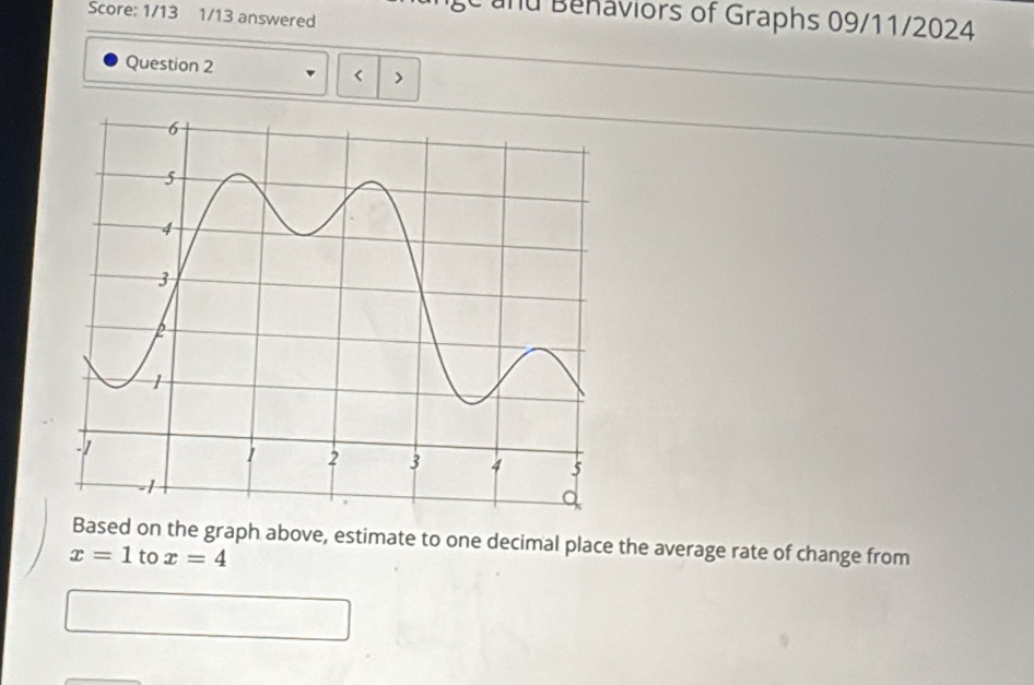 Score: 1/13 1/13 answered 
and Behaviors of Graphs 09/11/2024 
Question 2 
> 
Based on the graph above, estimate to one decimal place the average rate of change from
x=1 to x=4
□