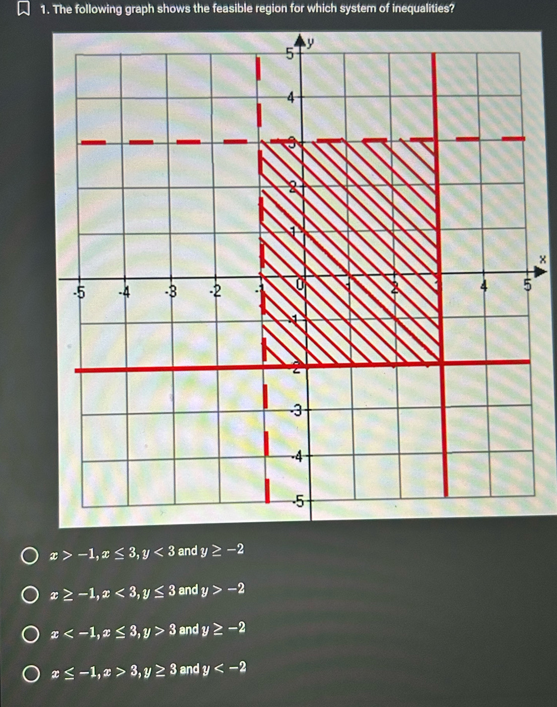 The following graph shows the feasible region for which system of inequalities?
x
x>-1, x≤ 3, y<3</tex> and y≥ -2
x≥ -1, x<3</tex>, y≤ 3 and y>-2
x , x≤ 3, y>3 and y≥ -2
x≤ -1, x>3, y≥ 3 and y