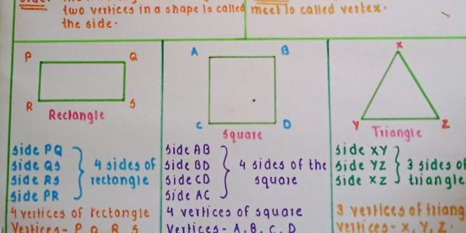 two vertices in a shape is called meet To called verkex. 
the side. 


side pa bide AB side 
side as 4 sides of side BD 4 sides of the side 
side aS lectangle sidecD square side .beginarrayr xy yz xzendarray 3 sides of 
triangle 
side PR side AC
4 vertices of rectangle 4 vertices of square 3 verrices of friang 
VeIticen- Po R s Vertices- A. B. C. D vertices -x y I