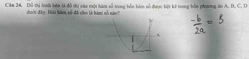 Đồ thị hình bên là đồ thị của một hàm số trong bốn hàm số được liệt kê trong bốn phương án A, B, C, D
dưới đây. Hỏi hàm số đã cho là hàm số nào?