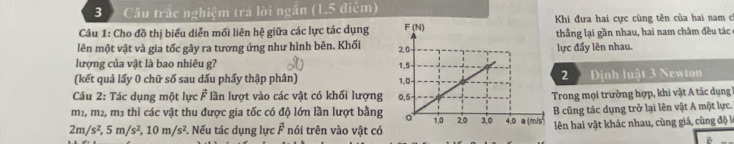 Cầu trắc nghiệm trả lời ngắn (1.5 điệm) Khi đưa hai cực cùng tên của hai nam cỉ 
Câu 1: Cho đồ thị biểu diễn mối liên hệ giữa các lực tác dụng 
lên một vật và gia tốc gây ra tương ứng như hình bên. Khối thắng lại gần nhau, hai nam châm đều tác 
lực đẩy lên nhau. 
lượng của vật là bao nhiêu g? 
(kết quả lấy 0 chữ số sau dấu phẩy thập phân) 2 Định luật 3 Newton 
Câu 2: Tác dụng một lực : lần lượt vào các vật có khối lượng 
Trong mọi trường hợp, khi vật A tác dụng
m1, m2, m³ thì các vật thu được gia tốc có độ lớn lần lượt bằngB cũng tác dụng trở lại lên vật A một lực.
2m/s^2, 5m/s^2, 10m/s^2. Nếu tác dụng lực vector F nói trên vào vật có lên hai vật khác nhau, cùng giá, cùng độ k