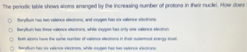 The periodic table shows atoms arranged by the increasing number of protons in their nuclei. How does
Beryllium has two valence electrons, and oxygen has six valence electrons.
Beryllium has three valence electrons, while oxygen has only one valence electron.
Both atoms have the same number of valence electrons in their outermost energy level.
Beryflium has six valence electrons, while oxygen has two valence electrons.