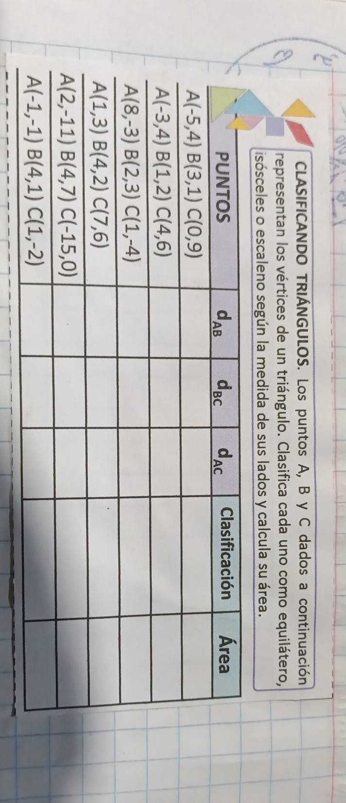 CLASIFICANDO TRIÁNGULOS. Los puntos A, B y C dados a continuación
representan los vértices de un triángulo. Clasifica cada uno como equilátero,
isósceles o escaleno según la medida de sus lados y calcula su área.