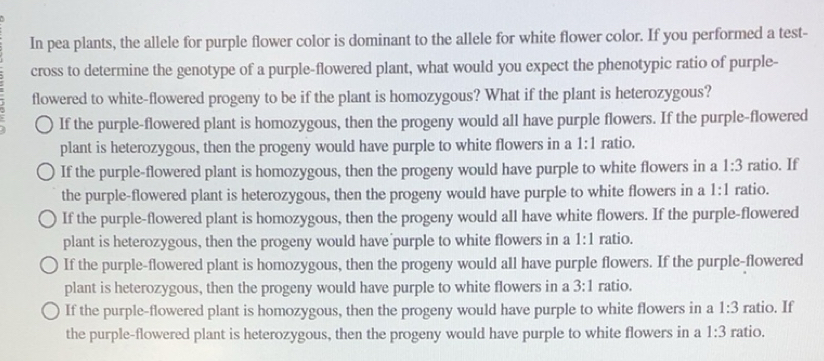 Solved: In pea plants, the allele for purple flower color is dominant ...