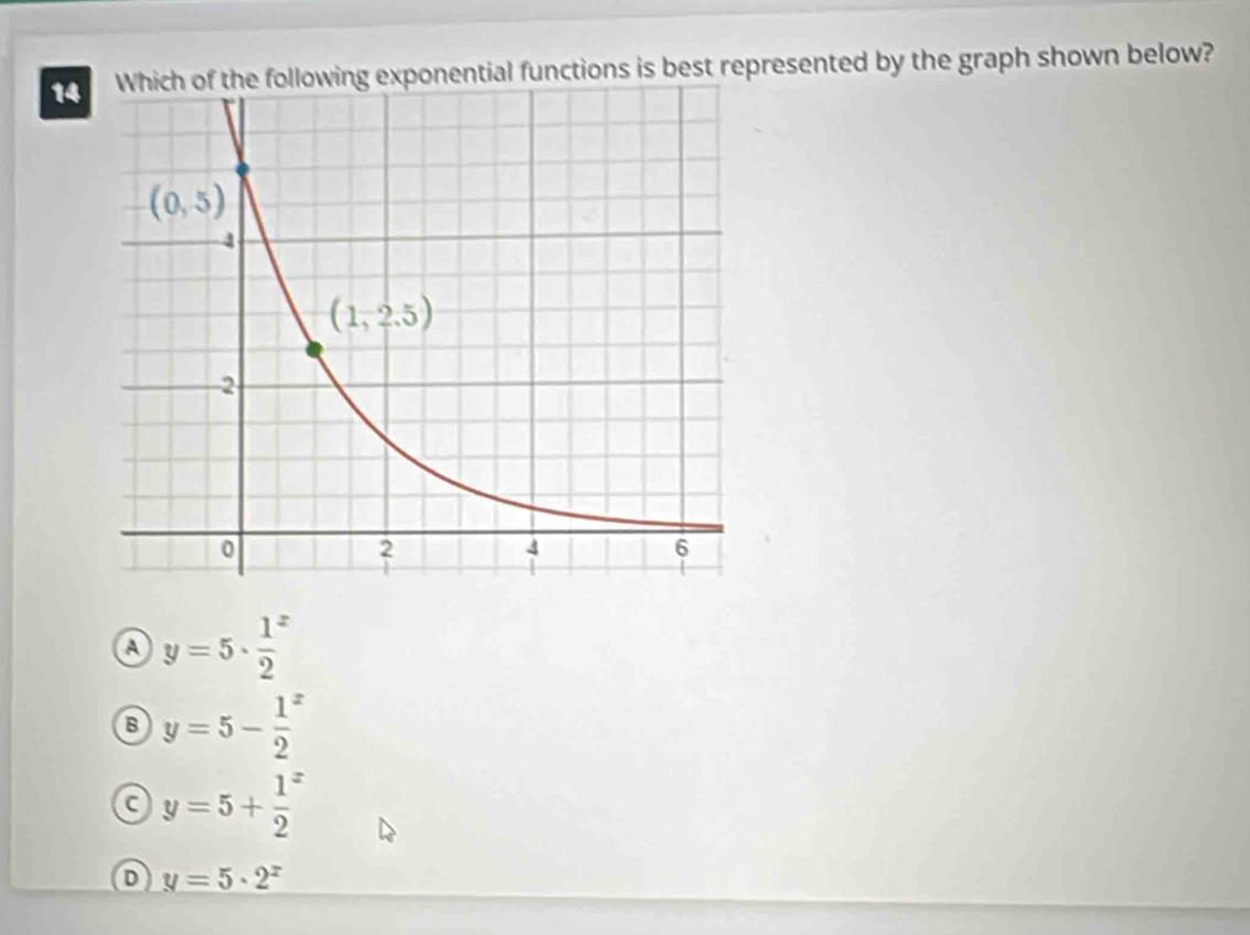 14e following exponential functions is best represented by the graph shown below?
a y=5· frac 12^(x
y=5-frac 1)2^(x
a y=5+frac 1)2^(x
D y=5· 2^x)