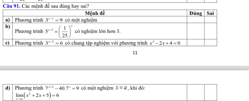 Các mệnh đề sau đúng hay sai?
11
d) Phương trình 7^(x+2)-40.7^x=9 có một nghiệm x=a , khi đó:
limlimits _xto a(x^2+2x+5)=6