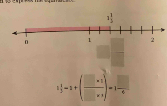 to express the equivalence.
1 1/3 =1+( (□ * 1)/□ * 3 )=1 □ /6 