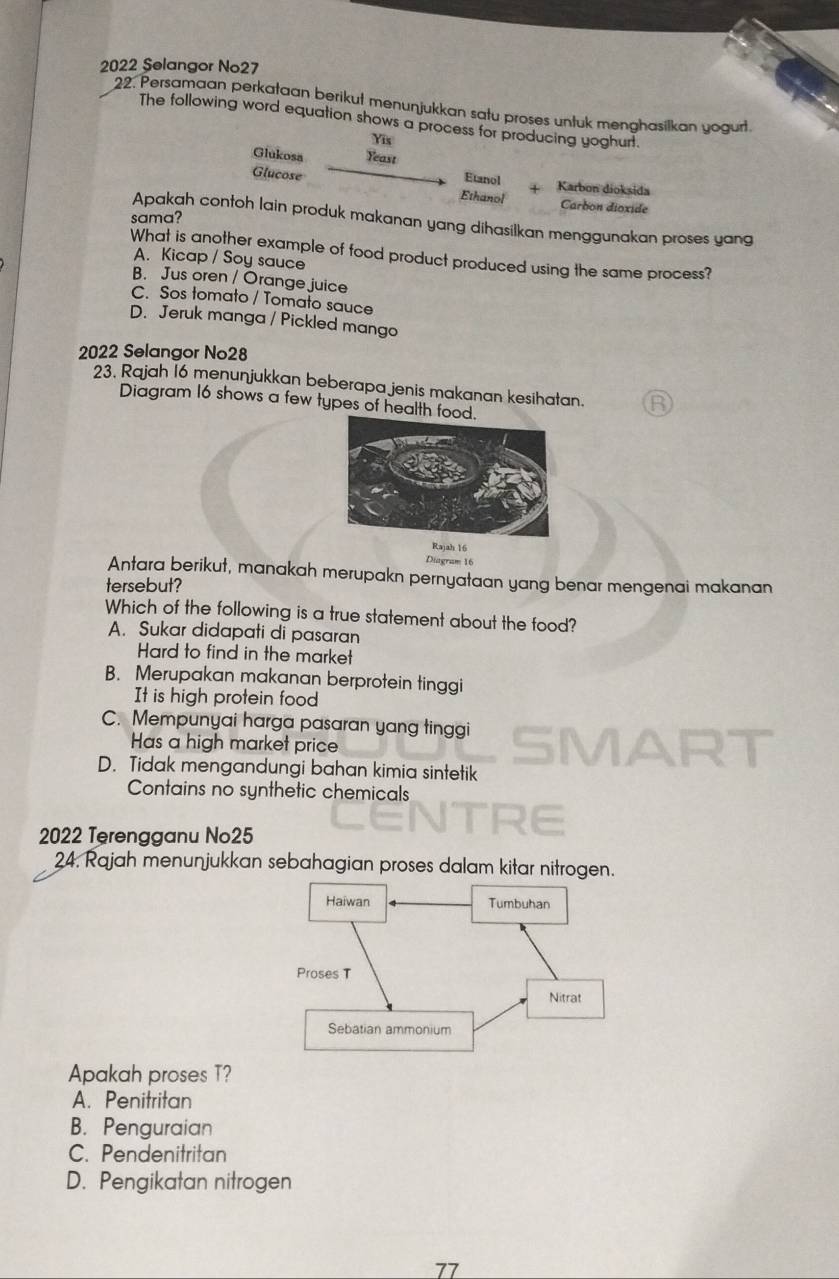 2022 Selangor No27
22. Persamaan perkataan berikut menunjukkan satu proses untuk menghasilkan yogurt.
The following word equation shows a process for producing yoghurt.
Yis
Glukosa Yeast
Etanol
Glucose Karbon dioksida
Ethanol Carbon dioxide
sama?
Apakah contoh lain produk makanan yang dihasilkan menggunakan proses yang
What is another example of food product produced using the same process?
A. Kicap / Soy sauce
B. Jus oren / Orange juice
C. Sos tomato / Tomato sauce
D. Jeruk manga / Pickled mango
2022 Selangor No28
23, Rajah 16 menunjukkan beberapa jenis makanan kesihatan. R
Diagram 16 shows a few types of health fo
Rajah 16
Diagram 16
Antara berikut, manakah merupakn pernyataan yang benar mengenai makanan
tersebut?
Which of the following is a true statement about the food?
A. Sukar didapati di pasaran
Hard to find in the market
B. Merupakan makanan berprotein tinggi
It is high protein food
C. Mempunyai harga pasaran yang tinggi SMART
Has a high market price
D. Tidak mengandungi bahan kimia sintetik
Contains no synthetic chemicals
2022 Terengganu No25
24, Rajah menunjukkan sebahagian proses dalam kitar nitrogen.
Apakah proses T?
A. Penitritan
B. Penguraian
C. Pendenitritan
D. Pengikatan nitrogen
77