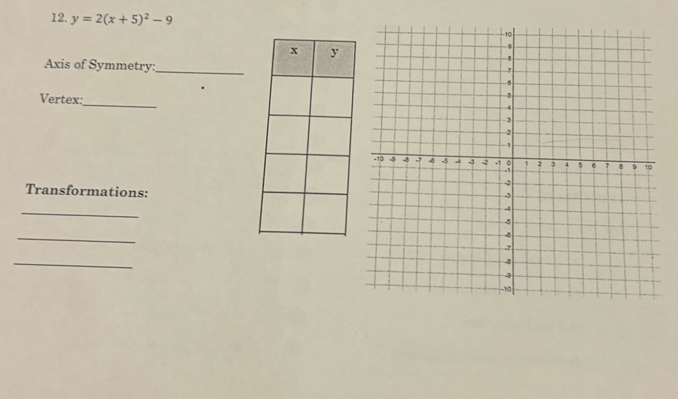 y=2(x+5)^2-9
Axis of Symmetry:_ 
Vertex:_ 
Transformations: 
_ 
_ 
_