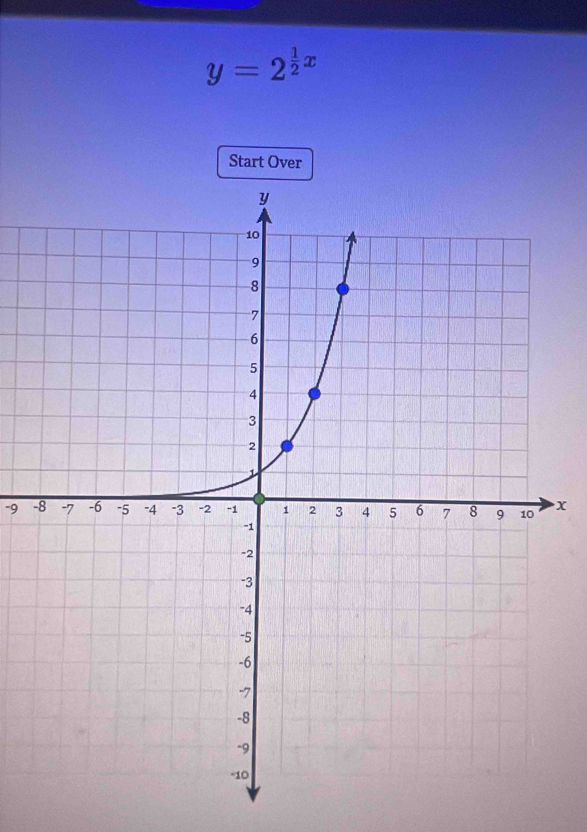 y=2^(frac 1)2x
Start Over
-9 -x