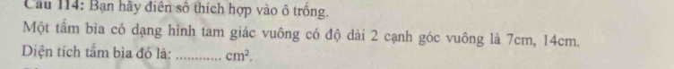 Cầu 114: Bạn hãy điện số thích hợp vào ô trồng. 
Một tấm bìa có dạng hình tam giác vuông có độ dài 2 cạnh góc vuông là 7cm, 14cm. 
Diện tích tấm bìa đó là: _ cm^2.