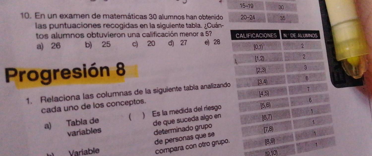 15-19 30
10. En un examen de matemáticas 30 alumnos han obtenido 20-24 35
las puntuaciones recogidas en la siguiente tabla. ¿Cuán-
tos alumnos obtuvieron una calificación menor a 5?
a) 26 b) 25 c) 20 d) 27 e) 28
Progresión 8
1. Relaciona las columnas de la siguiente tabla analizand
cada uno de los conceptos.
a) Tabla de  ) Es la medida del riesgo
variables de que suceda algo en
determinado grupo
de personas que se
h Variable
compara con otro grupo
(9.10)