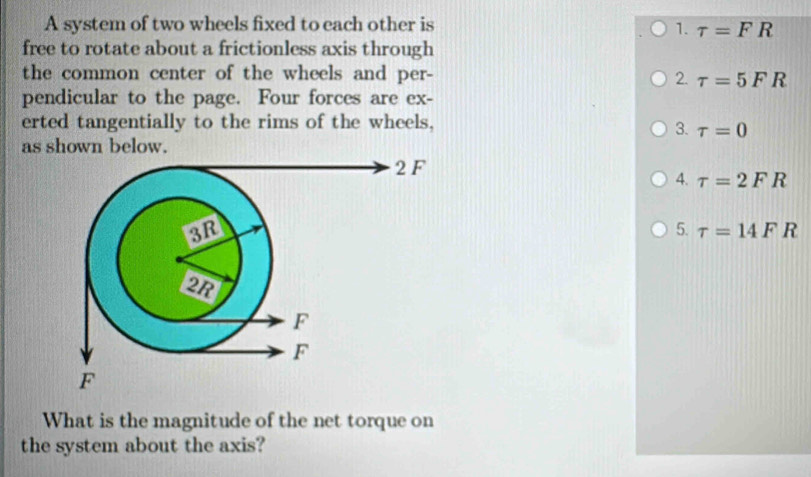 A system of two wheels fixed to each other is
1. tau =FR
free to rotate about a frictionless axis through
the common center of the wheels and per- 2. tau =5FR
pendicular to the page. Four forces are ex-
erted tangentially to the rims of the wheels,
3. tau =0
as shown below.
4. tau =2FR
5. tau =14FR
What is the magnitude of the net torque on
the system about the axis?