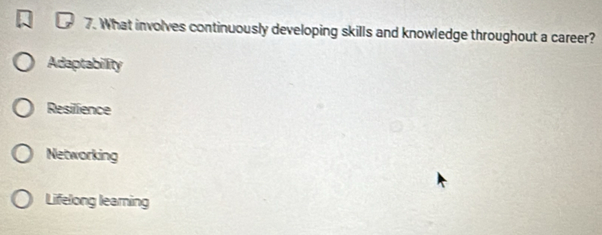 What involves continuously developing skills and knowledge throughout a career?
Adaptability
Resilience
Networking
Lifelong learning