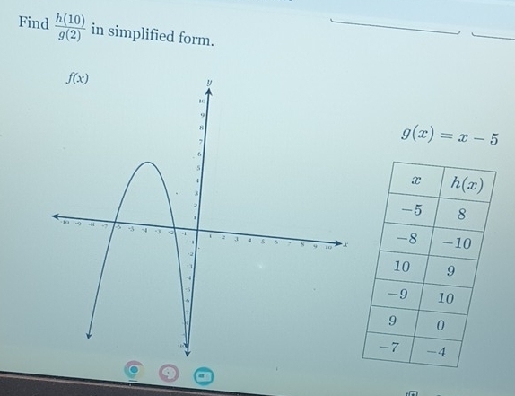 Find  h(10)/g(2)  in simplified form.
g(x)=x-5