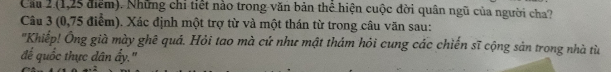 Cầu 2 (1,25 điểm). Những chi tiết nào trong văn bản thể hiện cuộc đời quân ngũ của người cha? 
Câu 3 (0,75 điểm). Xác định một trợ từ và một thán từ trong câu văn sau: 
'Khiếp! Ông già mày ghê quá. Hỏi tao mà cứ như mật thám hỏi cung các chiến sĩ cộng sản trong nhà tù 
đế quốc thực dân ấy."