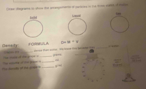 Draw diagrams to show the arrangements of particles in the three states of malter 
Liauid 
Density: FORMULA D=M/ V
Grapes are _dense than water. We know this because they _in water 
The mase of the grape is_ grams. 
The volume of the grape is _ ml. 
The denalty of the grape is_ g/ml 30.0 m!