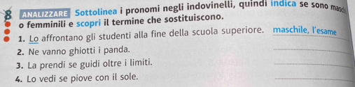 ANALIZZARE Sottolinea i pronomi negli indovinelli, quindi indica se sono ma 
o femminili e scopri il termine che sostituiscono. 
1. Lo affrontano gli studenti alla fine della scuola superiore. maschile, I'esame 
2. Ne vanno ghiotti i panda. 
_ 
3. La prendi se guidi oltre i limiti. 
_ 
4. Lo vedi se piove con il sole. 
_