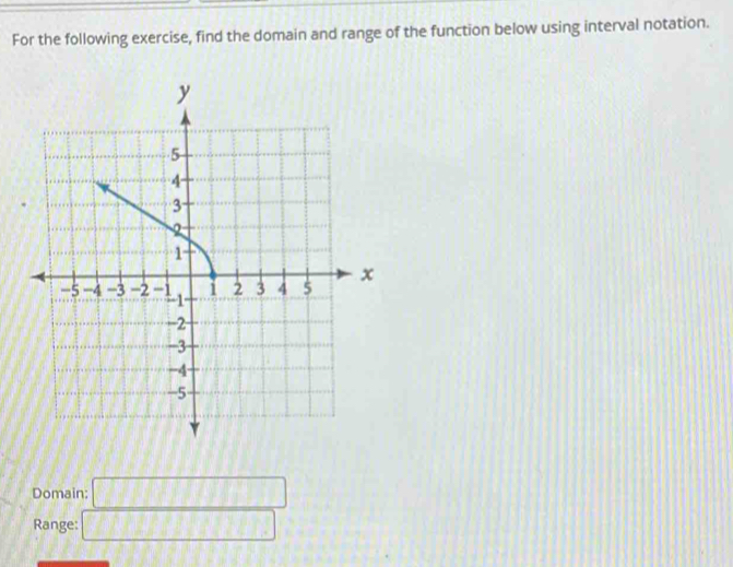 For the following exercise, find the domain and range of the function below using interval notation. 
Domain: □
Range: □