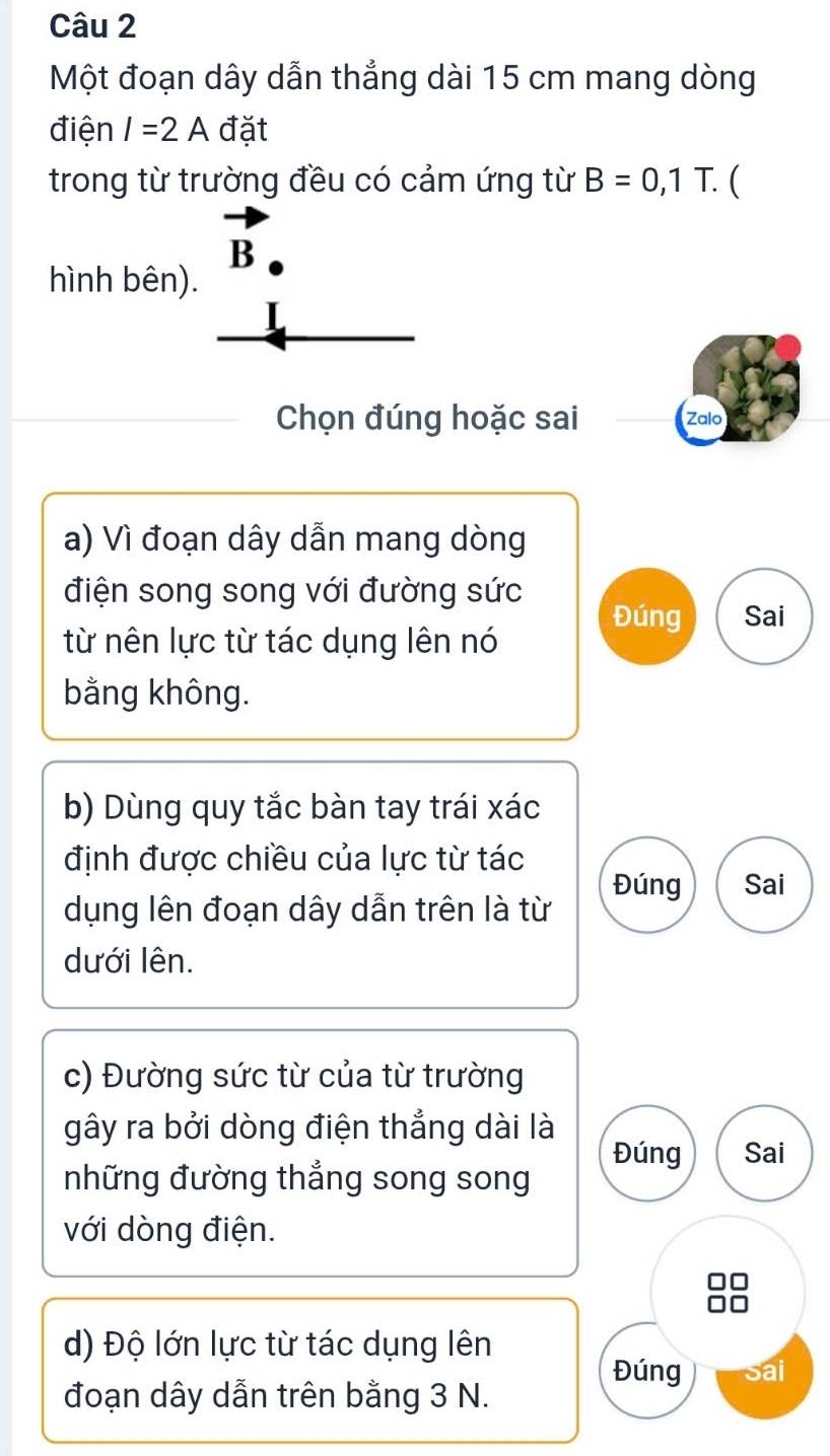 Một đoạn dây dẫn thẳng dài 15 cm mang dòng 
điện I=2A đặt 
trong từ trường đều có cảm ứng từ B=0,1T. C
vector B
hình bên). 
Chọn đúng hoặc sai Zalo 
a) Vì đoạn dây dẫn mang dòng 
điện song song với đường sức Đúng Sai 
từ nên lực từ tác dụng lên nó 
bằng không. 
b) Dùng quy tắc bàn tay trái xác 
định được chiều của lực từ tác Đúng Sai 
dụng lên đoạn dây dẫn trên là từ 
dưới lên. 
c) Đường sức từ của từ trường 
gây ra bởi dòng điện thẳng dài là 
Đúng Sai 
những đường thẳng song song 
với dòng điện. 
d) Độ lớn lực từ tác dụng lên 
Đúng Sai 
đoạn dây dẫn trên bằng 3 N.