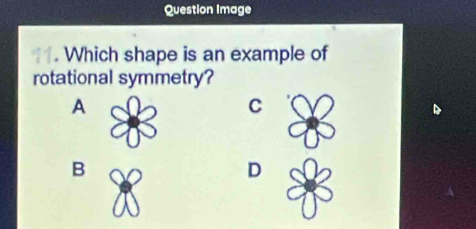 Question Image 
. Which shape is an example of 
rotational symmetry? 
A 
C 
B 
D