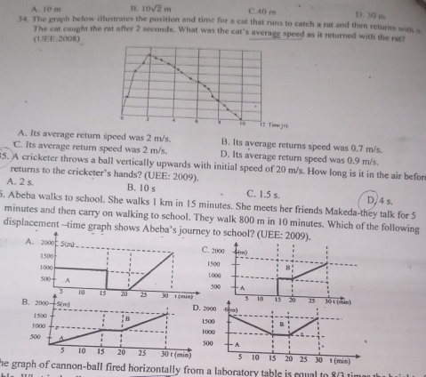 A. 10 m B. 10sqrt(2)m C.40 m
D. 30 m
34. The graph below illustrates the position and time for a cat that runs to catch a rat and then returns with i
The cat caught the rat after 2 seconds. What was the cat's average speed as it returned with the rat?
(UEE:2008)
o 1 4 ED 2 Timej
A. Its average return speed was 2 m/s. B. Its average returns speed was 0.7 m/s.
C. Its average return speed was 2 m/s. D. Its average return speed was 0.9 m/s.
5. A cricketer throws a ball vertically upwards with initial speed of 20 m/s. How long is it in the air befor
returns to the cricketer’s hands? (UEE: 2009).
A. 2 s. B. 10 s C. 1.5 s. D. 4 s.
5. Abeba walks to school. She walks 1 km in 15 minutes. She meets her friends Makeda-they talk for 5
minutes and then carry on walking to school. They walk 800 m in 10 minutes. Which of the following
displacement —time graph shows Abebto school? (UEE: 2009).
00
000
00 00
0
he graph of cannon-ball fired horizontally from a laboratory table is cqual to 8/3 time