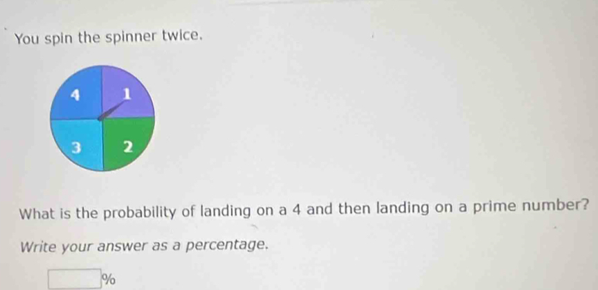 You spin the spinner twice.
4 1
3 2
What is the probability of landing on a 4 and then landing on a prime number? 
Write your answer as a percentage.
□ %