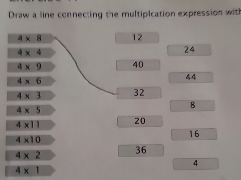 Draw a line connecting the multiplcation expression with
4* 8
12
4* 4
24
4* 9
40
4* 6
44
4* 3
32
4* 5
8
4* 11
20
4* 10
16
4* 2
36
4
4* 1