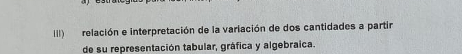 III) relación e interpretación de la variación de dos cantidades a partir 
de su representación tabular, gráfica y algebraica.