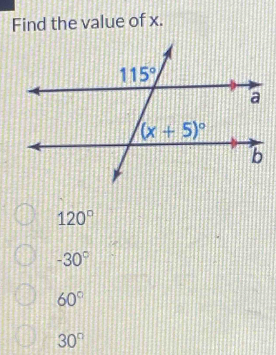 Find the value of x.
120°
-30°
60°
30°