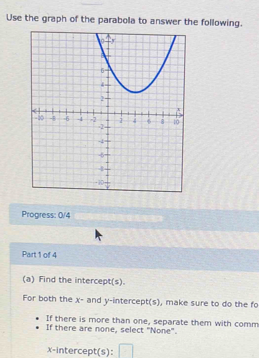 Use the graph of the parabola to answer the following. 
Progress: 0/4 
Part 1 of 4 
(a) Find the intercept(s). 
For both the χ - and y-intercept(s), make sure to do the fo 
If there is more than one, separate them with comm 
If there are none, select "None". 
x-intercept(s): □