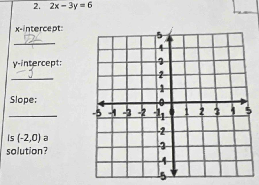 2x-3y=6
x-intercept: 
_ 
y-intercept: 
_ 
Slope: 
_ 
Is (-2,0) a 
solution?