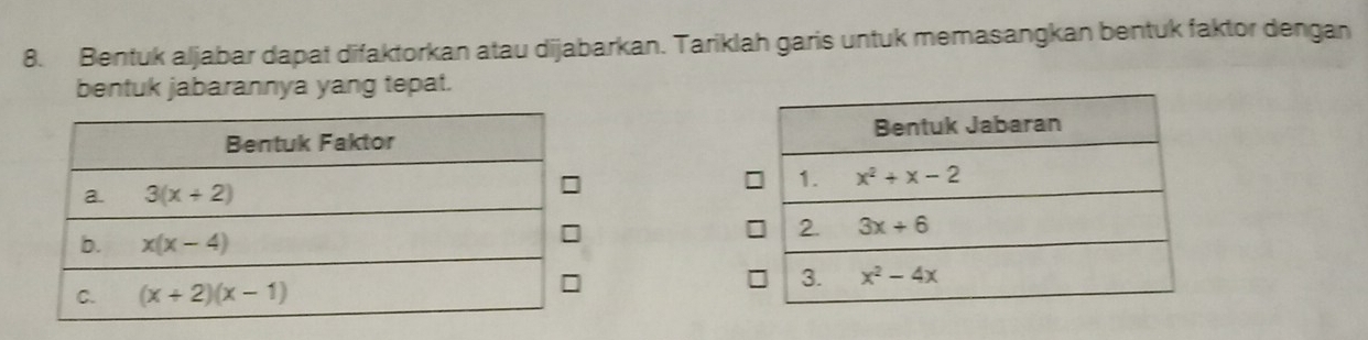 Bentuk aljabar dapat difaktorkan atau dijabarkan. Tariklah garis untuk memasangkan bentuk faktor dengan
bentuk jabarannya yang tepat.