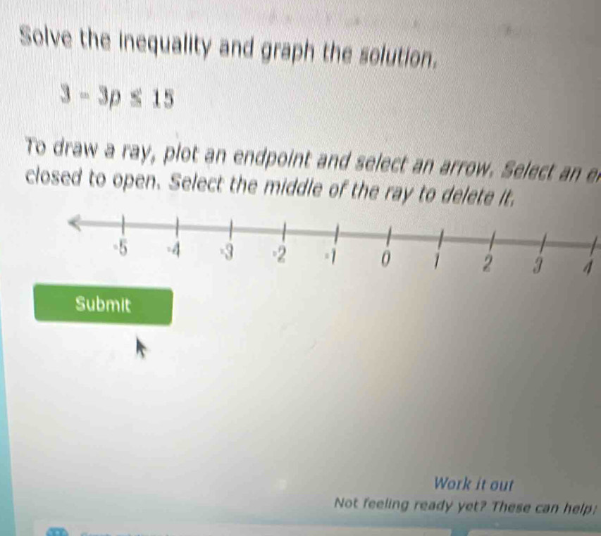 Solve the inequality and graph the solution.
3-3p≤ 15
To draw a ray, plot an endpoint and select an arrow. Select an e 
closed to open. Select the middle of the ray to delete it.
4
Submit 
Work it out 
Not feeling ready yet? These can help: