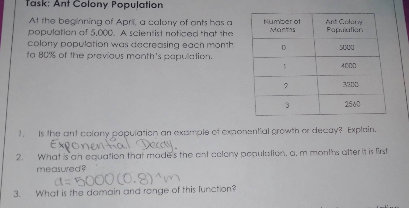 Task: Ant Colony Population 
At the beginning of April, a colony of ants has a 
population of 5,000. A scientist noticed that the 
colony population was decreasing each month
to 80% of the previous month 's population. 
1. Is the ant colony population an example of exponential growth or decay? Explain. 
2. What is an equation that models the ant colony population, a, m months after it is first 
measured? 
3. What is the domain and range of this function?