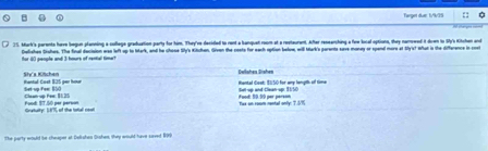 Target due: 1/9/35 : 
75. Murl's parents have begun planning a collega graduation parly for him. They've decided to ront a banquet room at a restaurent. Ater reseerching a fie local options, they namowed it dren to Sy's Kitchen and 
Delishes Sishes. The final decision was left up to Mark, and he chose Sly's Kitchan. Given the cests for each aption below, will Mark's parents save money or spend more at Sty'st what in the difference in cost 
Hor 40 genple and 3 hours of rential time? 
Sty's Kitchen Dullshea Dishen Rantal Cost: 5150 for any langt of time 
tantal cest 125 per hour Setup Fer _ 
Tax on room rental only: 7.5% uod 59.9º par pere= Soll-up and Clean-up: 91/50
Food: ST.S0 per perso Gratulty: 18T of the total ceat 
The party would be cheaper at Delishes Gishen, they would have saved Biri