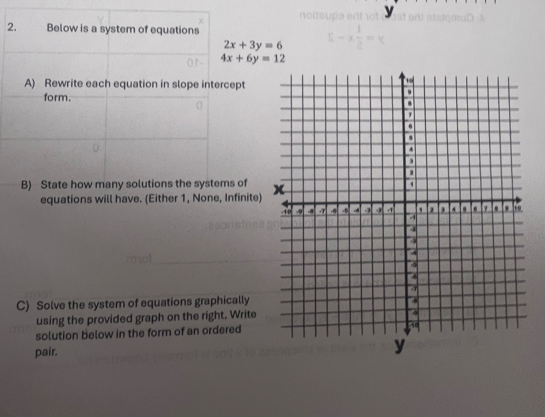 y
2. Below is a system of equations
2x+3y=6
4x+6y=12
A) Rewrite each equation in slope intercept
form.
B) State how many solutions the systems of
equations will have. (Either 1, None, Infinite)
C) Solve the system of equations graphically
using the provided graph on the right. Write
solution below in the form of an ordered
pair.