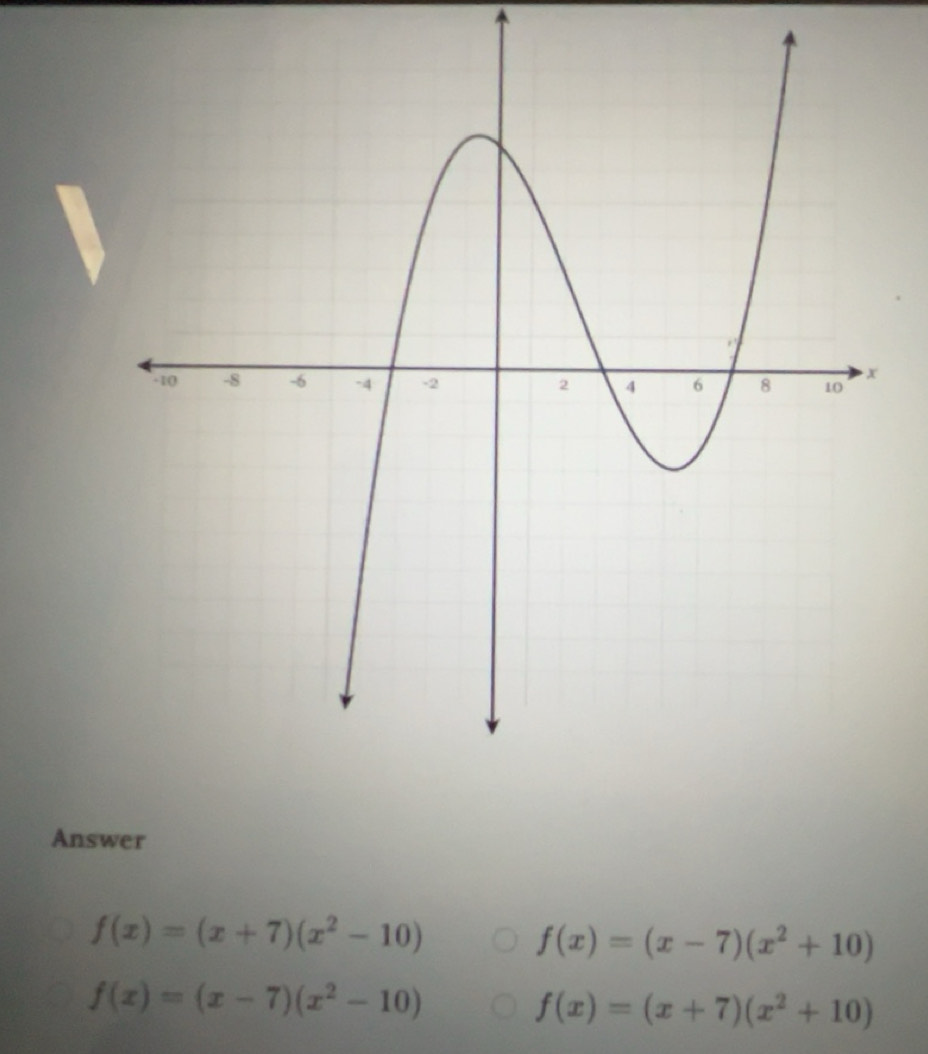 Solved: Answer f(x)=(x+7)(x^2-10) f(x)=(x-7)(x^2+10) f(x)=(x-7)(x^2-10 ...