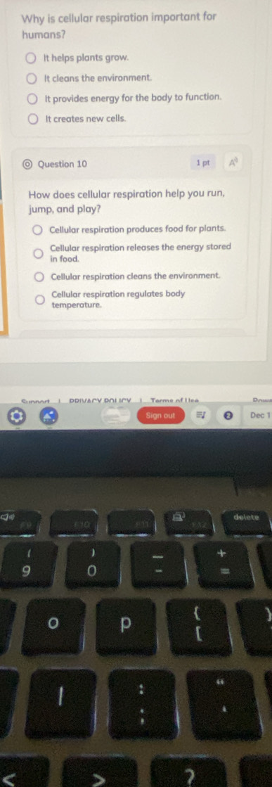 Why is cellular respiration important for
humans?
It helps plants grow.
It cleans the environment.
It provides energy for the body to function.
It creates new cells.
Question 10 1 pt A^0 
How does cellular respiration help you run,
jump, and play?
Cellular respiration produces food for plants.
Cellular respiration releases the energy stored
in food.
Cellular respiration cleans the environment.
Cellular respiration regulates body
temperature.
Sign out Dec 1
delete
C
。 p
1
2
