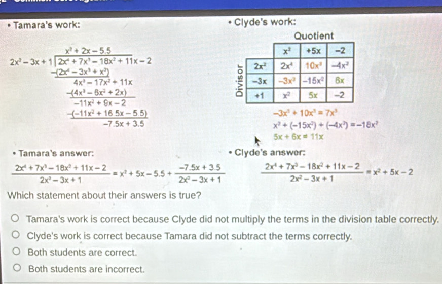 Tamara's work: Clyde's work:
2x-2x+1frac x+2y-32x^2+2x frac 2x-+2y+15=2  (-2x+2y+20)/4x^2+5x+2y +10 (-15^(21)+15)/-21x+15 
-3x^3+10x^3=7x^3
x^2+(-15x^2)+(-4x^2)=-18x^2
5x+6x=11x
Tamara's answer: Clyde's answer:
 (2x^4+7x^3-18x^2+11x-2)/2x^2-3x+1 =x^2+5x-5.5+ (-7.5x+3.5)/2x^2-3x+1   (2x^4+7x^3-18x^2+11x-2)/2x^2-3x+1 =x^2+5x-2
Which statement about their answers is true?
Tamara's work is correct because Clyde did not multiply the terms in the division table correctly.
Clyde's work is correct because Tamara did not subtract the terms correctly.
Both students are correct.
Both students are incorrect.