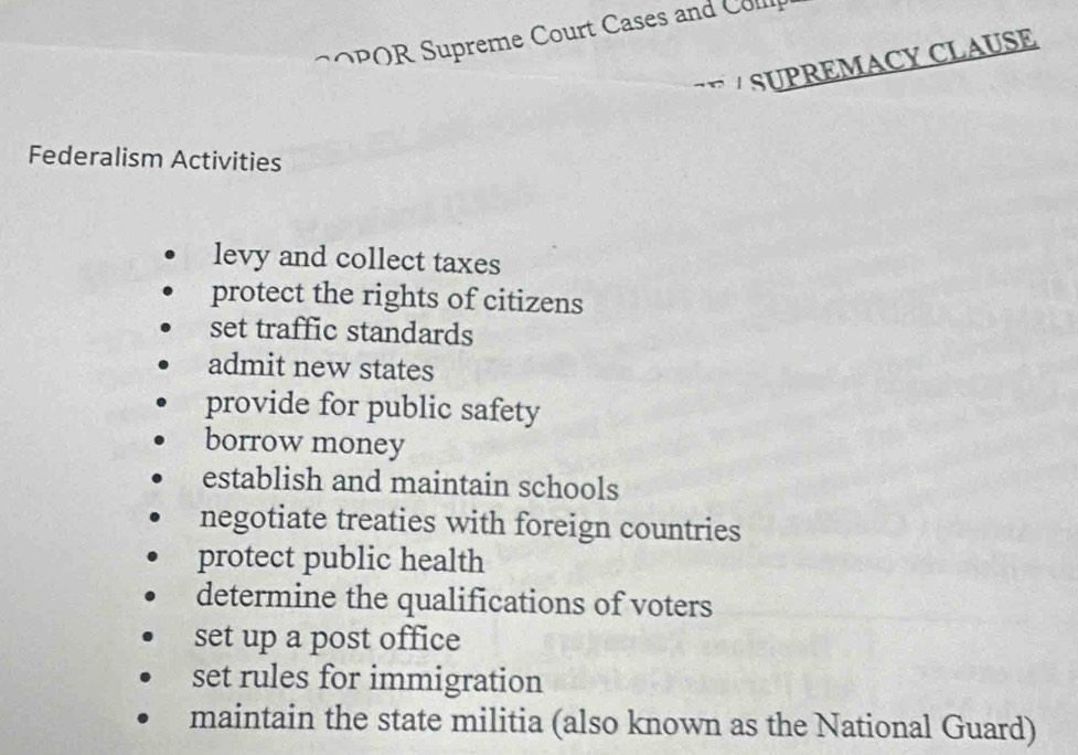 Supreme Court Cases and C o 
A SUPREMACY CLAUSE 
Federalism Activities 
levy and collect taxes 
protect the rights of citizens 
set traffic standards 
admit new states 
provide for public safety 
borrow money 
establish and maintain schools 
negotiate treaties with foreign countries 
protect public health 
determine the qualifications of voters 
set up a post office 
set rules for immigration 
maintain the state militia (also known as the National Guard)