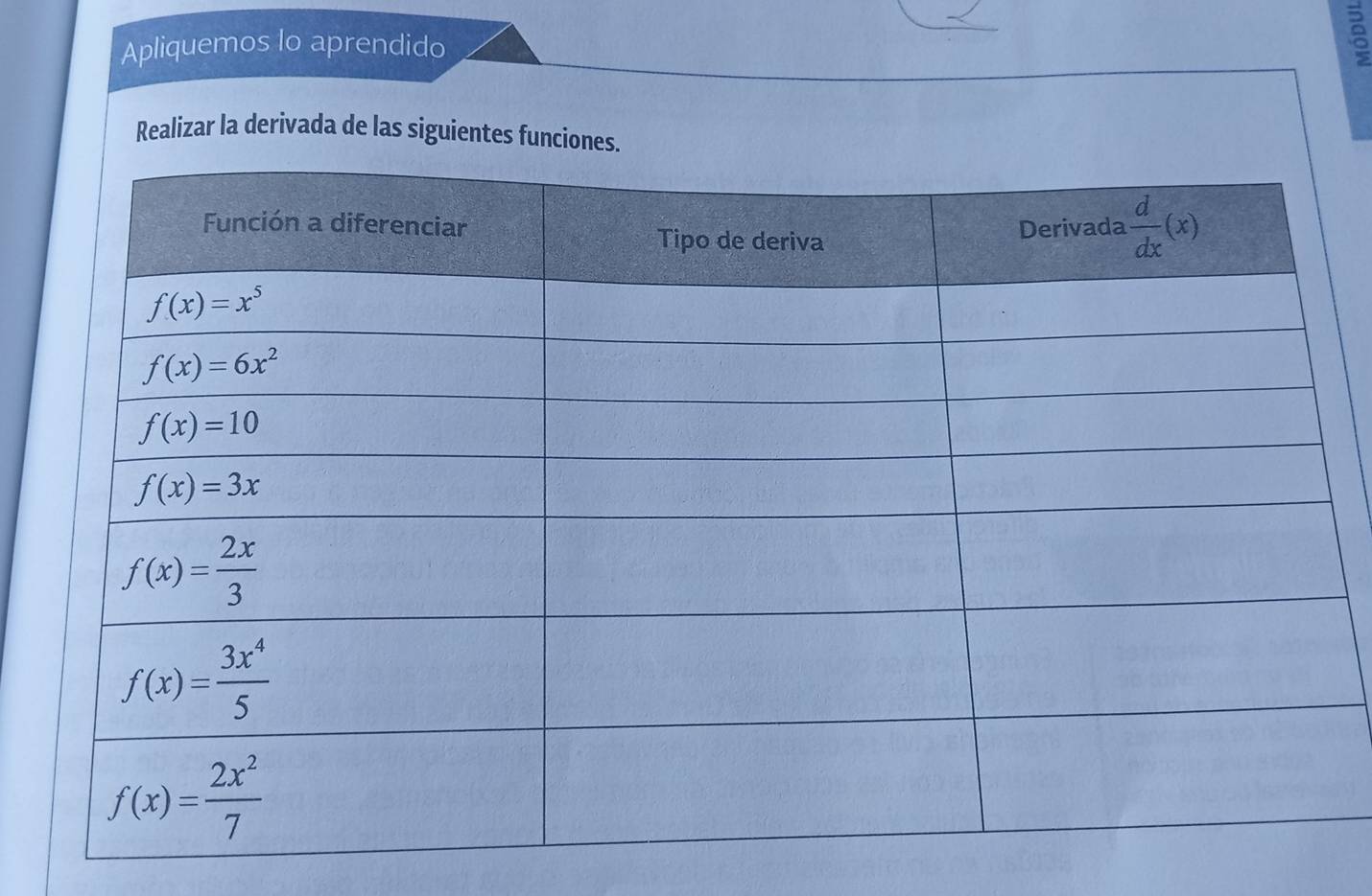 Apliquemos lo aprendido
8
Realizar la derivada de las siguientes funciones