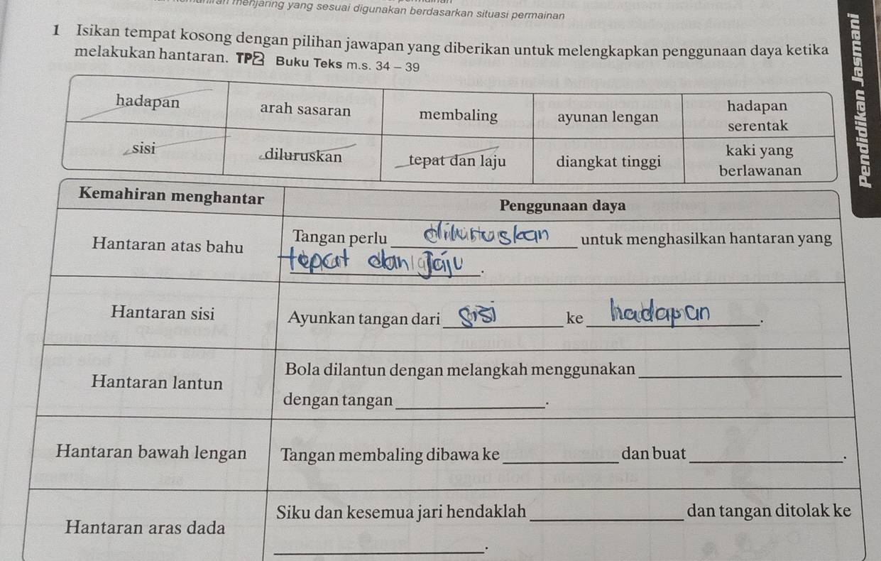 an menjaring yang sesuai digunakan berdasarkan situasi permainan 
1 Isikan tempat kosong dengan pilihan jawapan yang diberikan untuk melengkapkan penggunaan daya ketika 
melakukan hantaran. TP Buku Teks m.s. 34-39
_.