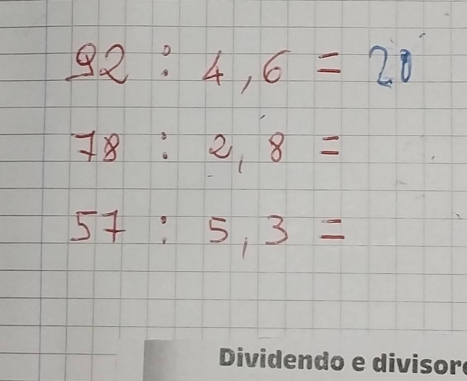 Risolto:92:4,6=20 78:2,8= 57:5,3=