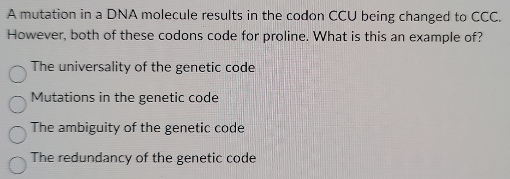 Solved: A mutation in a DNA molecule results in the codon CCU being ...