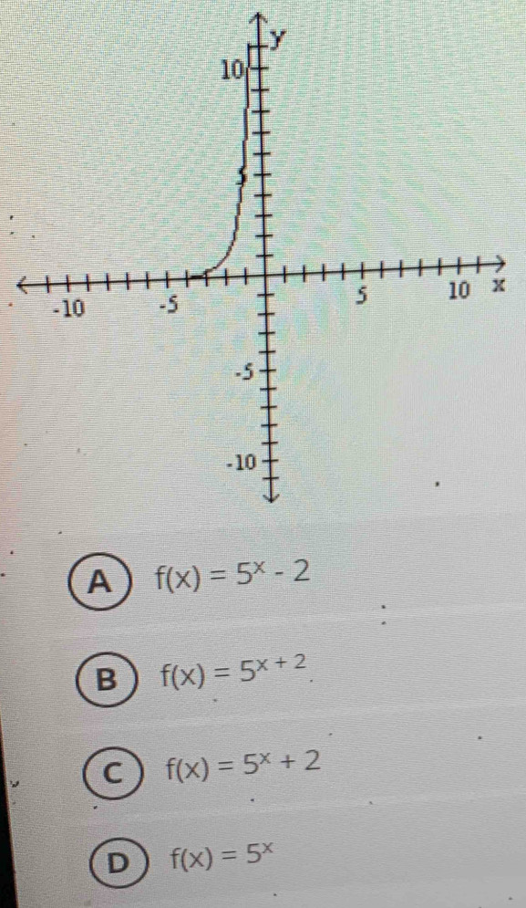 x
A f(x)=5^x-2
B f(x)=5^(x+2).
C f(x)=5^x+2
D f(x)=5^x