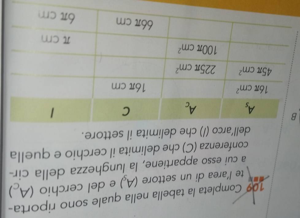 109 Completa la tabella nella quale sono riporta-
te l’area di un settore (A_s) e del cerchio (Ac)
a cui esso appartiene, la lunghezza della cir
conferenza (C) che delimita il cerchio e quella
dell’arco (/) che delimita il settore.
B