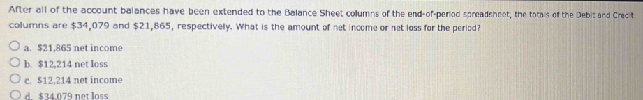 After all of the account balances have been extended to the Balance Sheet columns of the end-of-period spreadsheet, the totals of the Debit and Credit
columns are $34,079 and $21,865, respectively. What is the amount of net income or net loss for the period?
a. $21,865 net income
b. $12,214 net loss
c. $12,214 net income
d. $34.079 net loss